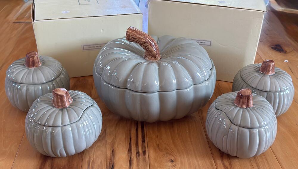 Williams Sonoma Dark Sage Pumpkin Soup Tureen & 4 Bowls Set Complete 10 Pc